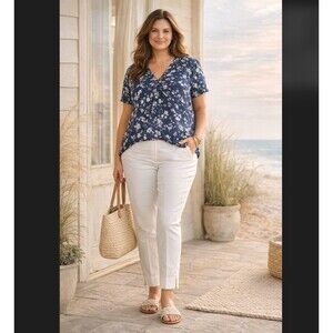J Jill Linen Stretch Pants 2X Cropped White Pull On High Rise Slit Casual Pocket